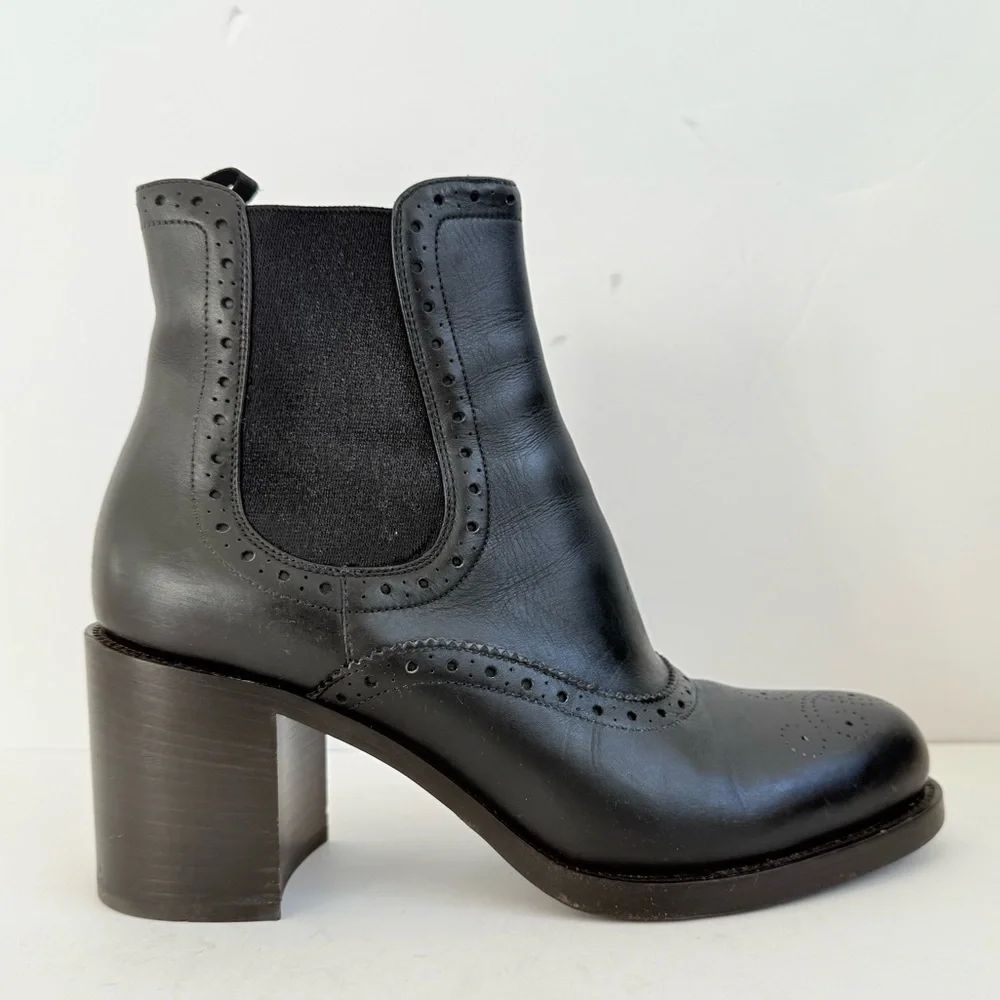 Prada Milano Black Leather Brogue Chelsea Ankle Boots Block Heels EU 39